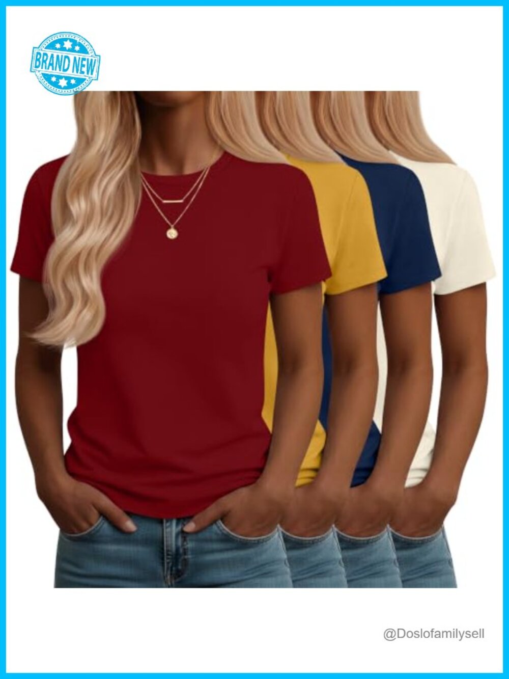 4 Pack Womens Crew Neck Short Sleeve T-Shirts Polyester Cotton Spandex Fitted